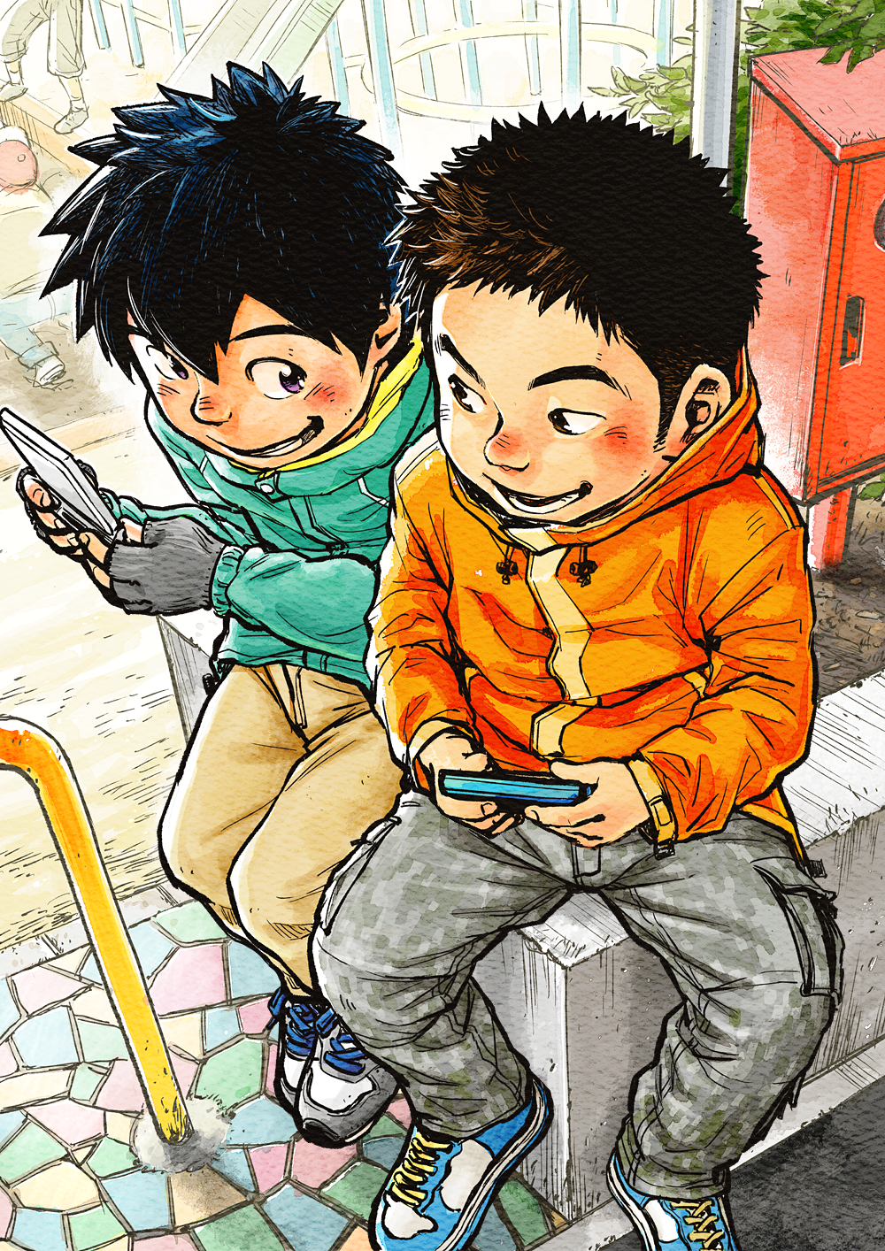 black_hair, brown_eyes, brown_hair, fingerless_gloves, game_boy_advance_sp, gloves, highres, jacket, male, multiple_boys, original, purple_eyes, shigeru_(shounen_zoom), shigeru_km, shoes, smile, sneakers, violet_eyes