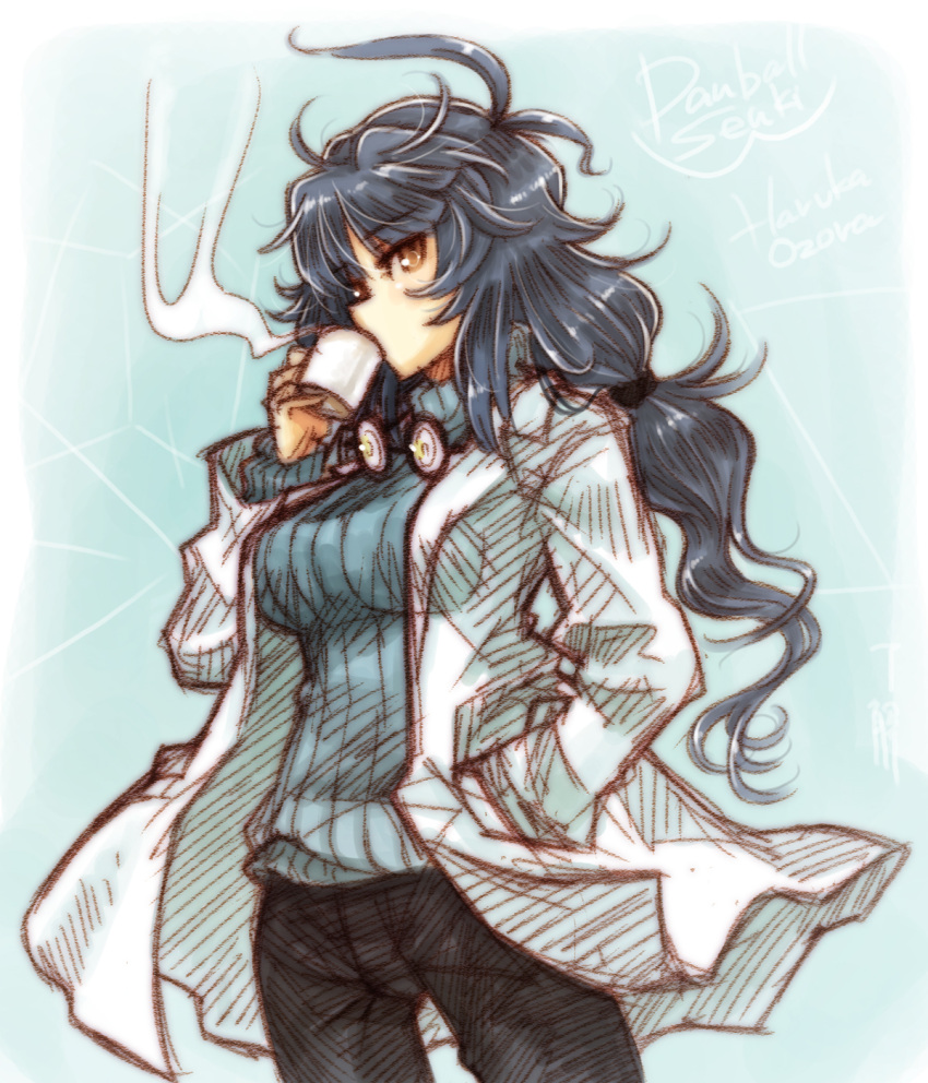 antenna_hair, blue_hair, breasts, character_name, cup, danball_senki, drinking, glasses