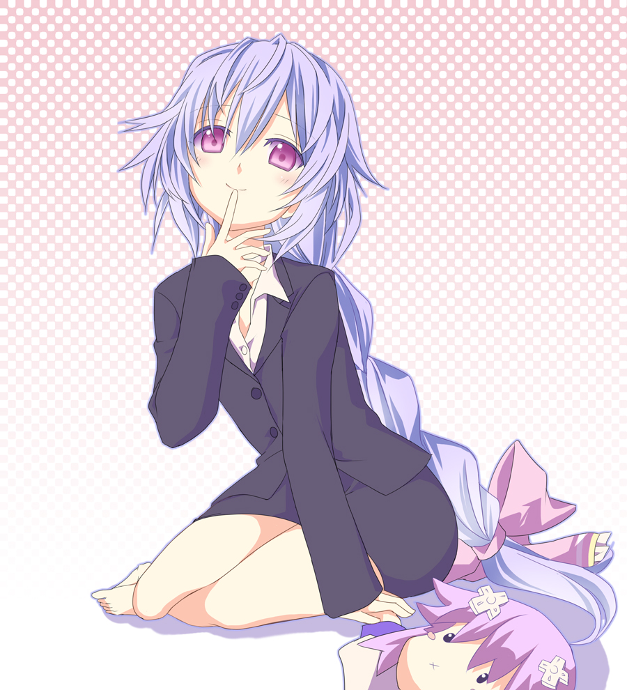 alternate_costume, blush, blush_stickers, bow, braid, character_doll, choujigen_game_neptune, finger_to_mouth, formal, hair_bow, hair_ornament, izana, kami_jigen_game_neptune_v, long_hair, looking_at_viewer, minagi, neptune_(choujigen_game_neptune), purple_eyes, purple_hair, pururut, skirt_suit, smile, solo, suit, very_long_hair, violet_eyes