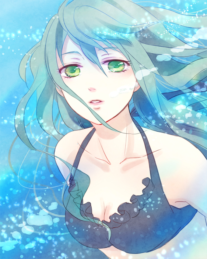 aqua_eyes, aqua_hair, bare_shoulders, bra, breasts, bust, cleavage, collarbone