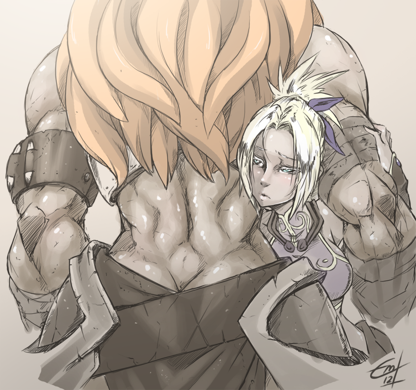 armband, back, bandage, bandages, barbarian_(diablo_3), blonde_hair, blue_eyes, blush