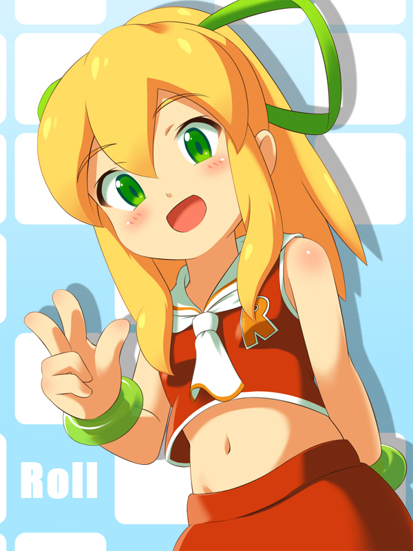 arm_behind_back, bare_shoulders, blonde_hair, blue_background, blush, bracelet, bust, chama_(karaginan), green_eyes, hair_ribbon, halter_top, halterneck, jewelry, looking_at_viewer, midriff, navel, open_mouth, ponytail, ribbon, rockman, rockman_(classic), roll, shadow, skirt, solo