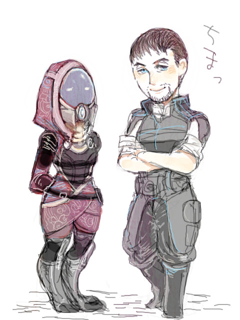 1boy, 1girl, alien, arms_behind_back, chibi, commander_shepard, commander_shepard_(male), crossed_arms, facial_hair, helmet, itanji, mass_effect, quarian, stubble, tali'zorah, tali'zorah