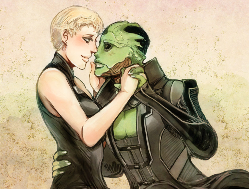 1boy, 1girl, alien, bare_shoulders, black_eyes, blonde_hair, blue_eyes, bob_cut