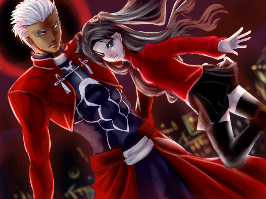 1girl, archer, bad_id, black_hair, black_legwear, blue_eyes, brown_eyes, dark_skin, fate/stay_night, fate_(series), hair_ribbon, k101, long_hair, ribbon, thigh-highs, thighhighs, tohsaka_rin, toosaka_rin, two_side_up, white_hair
