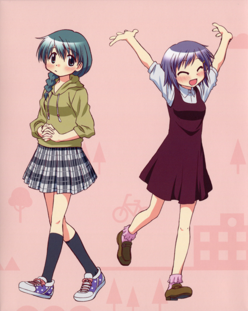 \o/, ^_^, absurdres, aoki_ume, arms_up, blush, braid, casual