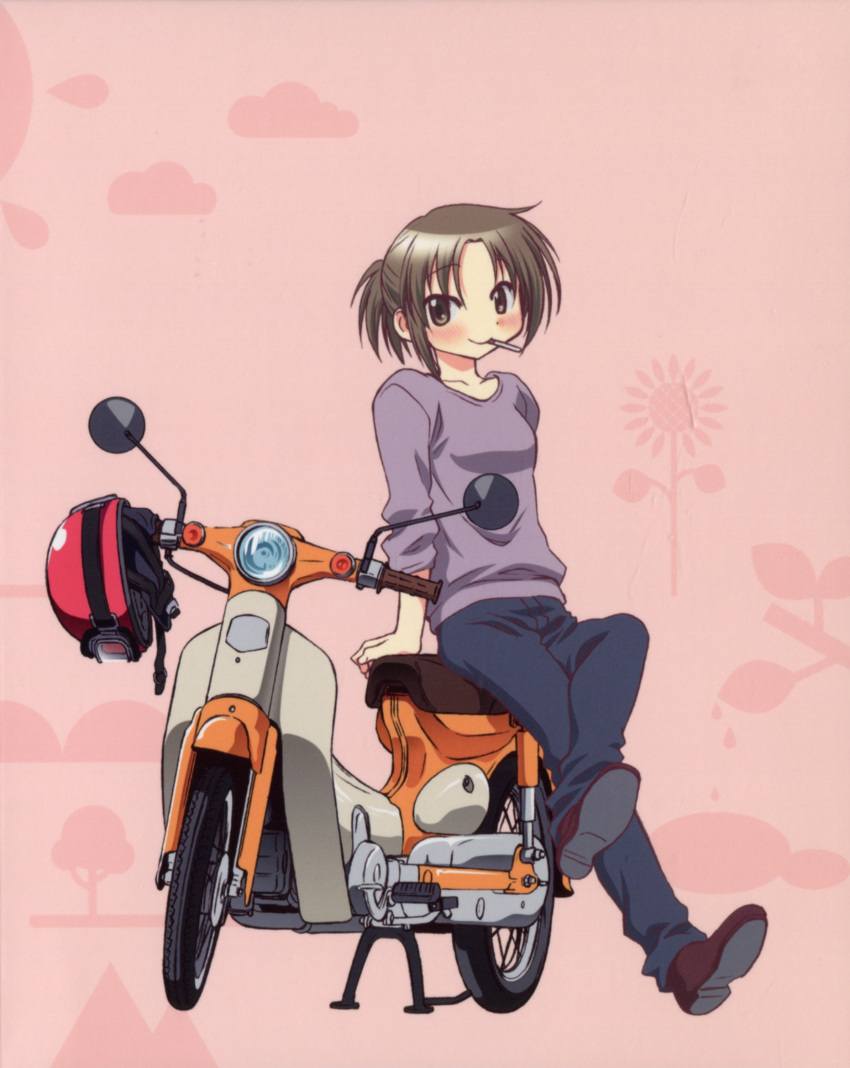 absurdres, aoki_ume, blush, brown_eyes, brown_hair, casual, cigarette, helmet