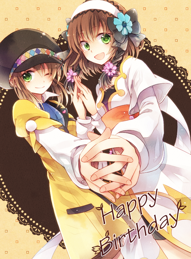 bike_shorts, brown_hair, coat, dual_persona, flower, green_eyes, hairband, hand_holding