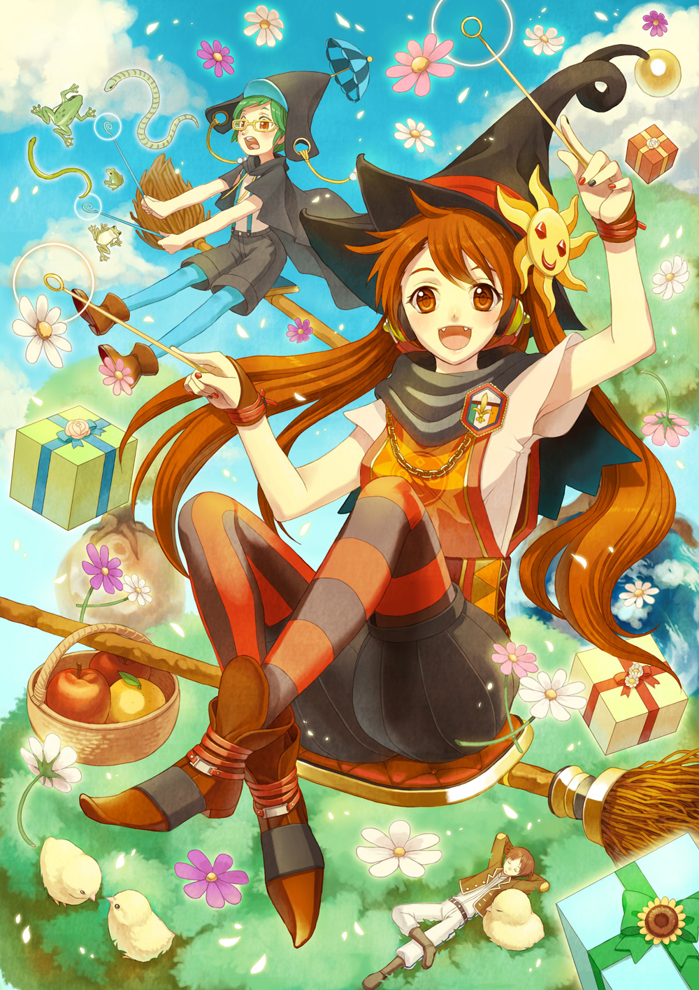 2girls, apple, arm_up, basket, bird, broom, broom_riding, brown_eyes