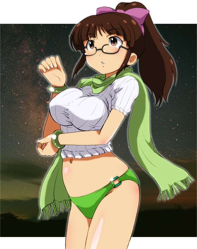 akizuki_ritsuko, blush, breasts, brown_eyes, brown_hair, glasses, idolmaster, mound_of_venus, navel, ponytail, ribbed_sweater, rokujou_mugi, scarf, solo, sweater