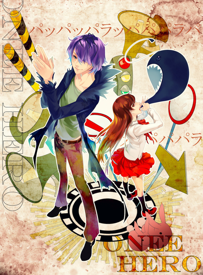 1girl, blue_eyes, brown_hair, eve_(ib), garry_(ib), gary_(ib), hair_over_one_eye, highres, ib, ib_(ib), kyunen, long_hair, purple_hair, red_eyes, traffic_light