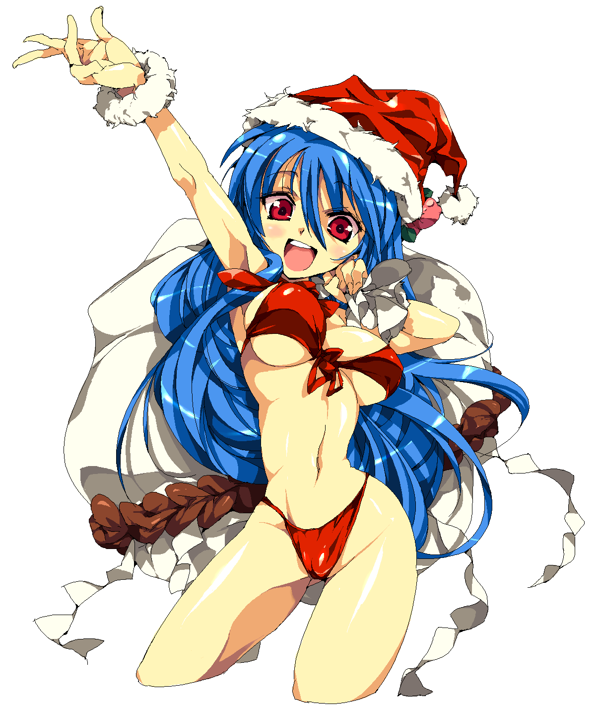 alabaster_(artist), arm_up, armpits, bad_id, bikini, blue_hair, breasts, christmas