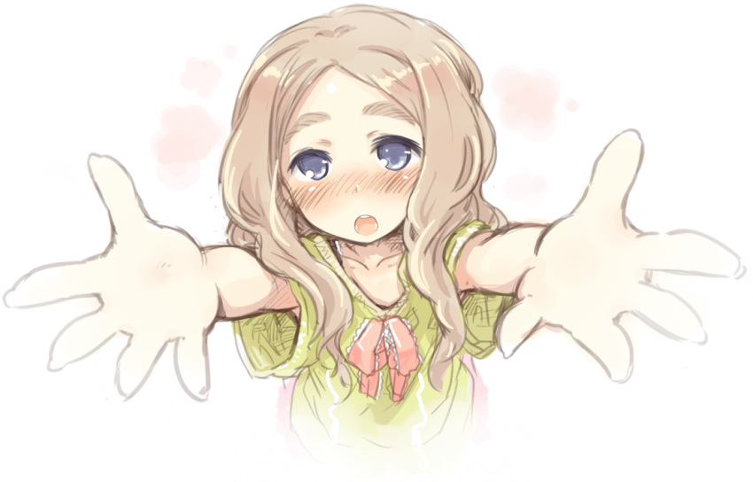7010, blonde_hair, blue_eyes, blush, chibikko_(morihito), collarbone, eyebrows, incoming_hug