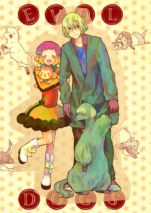 animalization, aquarion_(series), aquarion_evol, blonde_hair, blush, camera, closed_eyes, dog