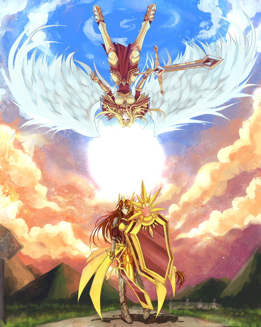 absurdres, angel, armor, blonde_hair, breasts, brown_hair, cloud, clouds
