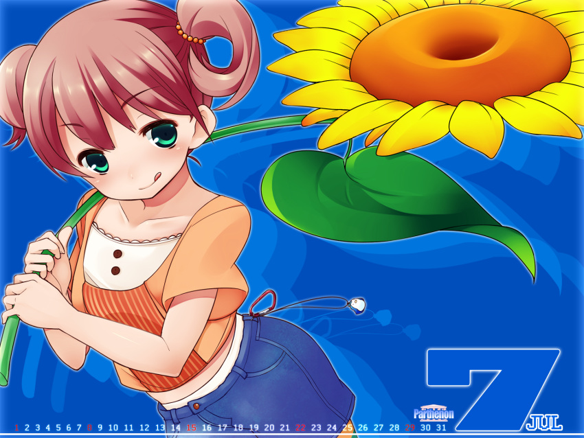 1girl, :q, artist_request, calendar, flower, green_eyes, july, midriff