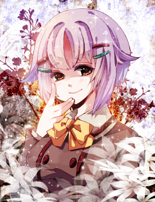 blush, brown_eyes, grey_hair, hair_ornament, hairclip, hand_on_own_cheek, idolmaster, idolmaster_cinderella_girls