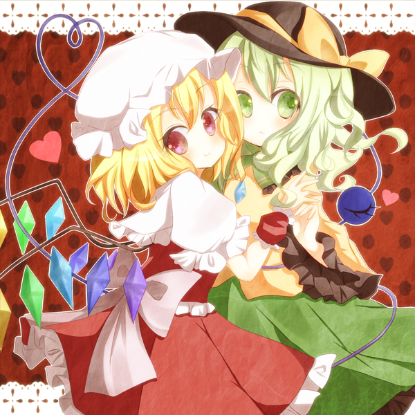 blonde_hair, blush, closed_eyes, crystal, eyes_closed, flandre_scarlet, green_eyes, green_hair