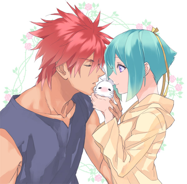 1girl, aquarion_(series), aquarion_evol, blush, closed_eyes, eyes_closed, green_hair, hair_ribbon