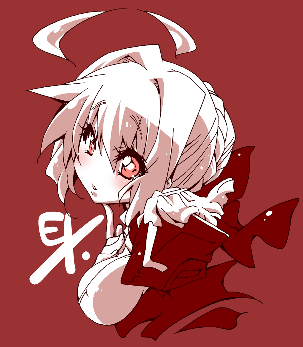 ahoge, breasts, fate/extra, fate_(series), mikage_(curry_berg_dish), monochrome, no_nose, saber_extra
