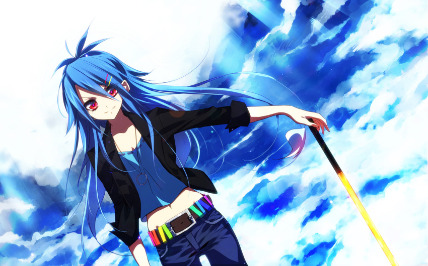 adapted_costume, alternate_costume, belt, blue_hair, casual, cloud, clouds, contemporary