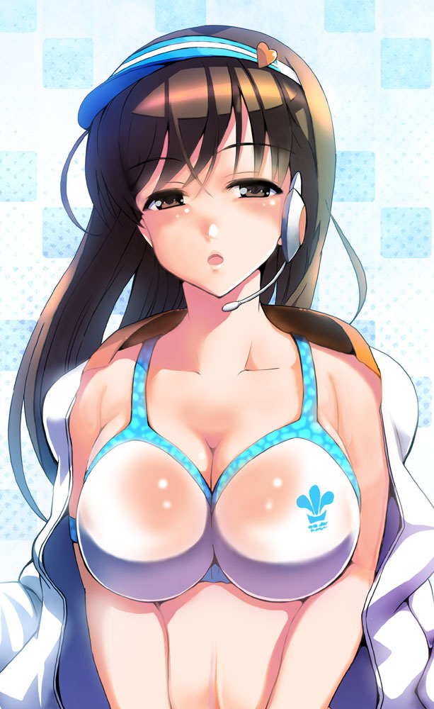 amari_yuki, bikini_top, breasts, brown_eyes, brown_hair, headset, heart, idolmaster, idolmaster_cinderella_girls, large_breasts, long_hair, nitta_minami, solo, visor_cap