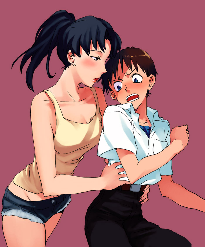 1girl, bare_shoulders, blue_eyes, brown_hair, hosaka_dx, hug, hug_from_behind, ikari_shinji