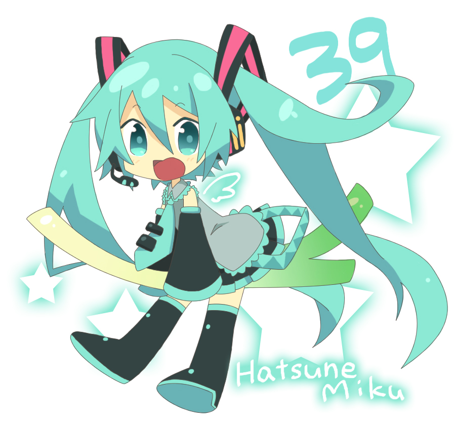 39, aqua_eyes, aqua_hair, boots, character_name, detached_sleeves, hatsune_miku, headset