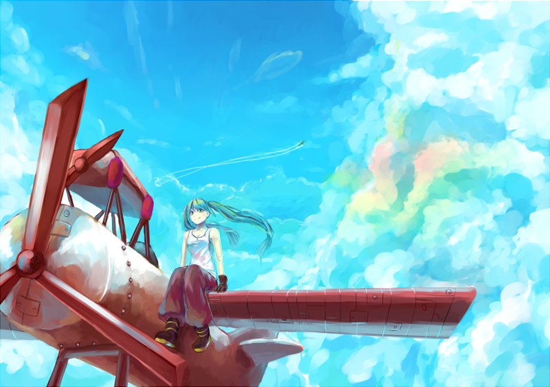 airplane, cloud, clouds, gloves, green_hair, hatsune_miku, long_hair, milimilihosi