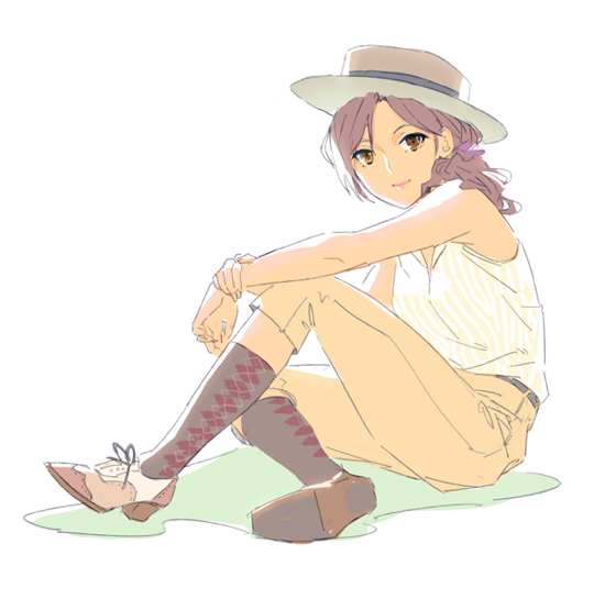 argyle, argyle_legwear, brown_eyes, brown_hair, ekao, hat, idolmaster, idolmaster_cinderella_girls, kawashima_mizuki, kneehighs, long_hair, looking_at_viewer, ponytail, saddle_shoes, sitting, smile, socks, solo, wavy_hair
