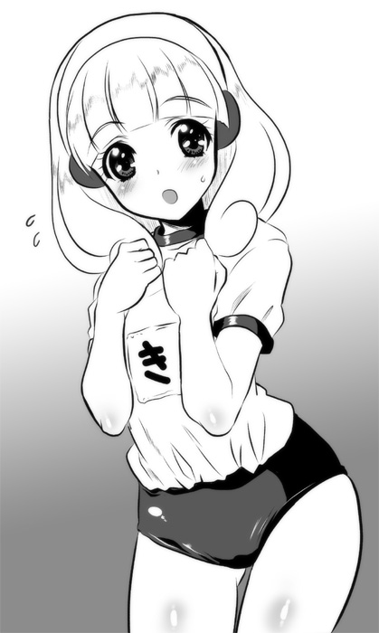 blush, buruma, gym_uniform, hairband, hands_to_own_chest, kise_yayoi, kyougoku_shin, long_hair