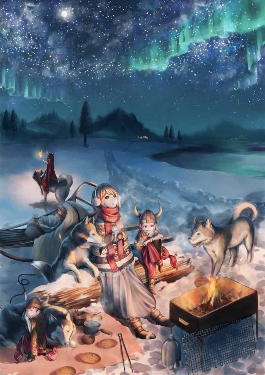 animal, aurora, braid, breath, brown_hair, child, earmuffs, fire, grill, helmet, highres, hyp, lake, log, long_hair, looking_up, multiple_girls, nature, night, original, outdoors, riding, short_hair, sitting, sled, sleeping, snow, tree, tundra, twin_braids, very_long_hair, winter, wolf