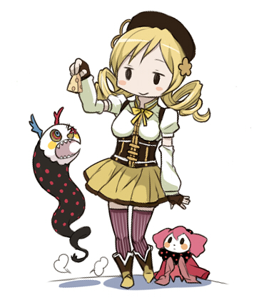blonde_hair, charlotte_(madoka_magica), cheese, detached_sleeves, drill_hair, fingerless_gloves, gloves, hair_ornament