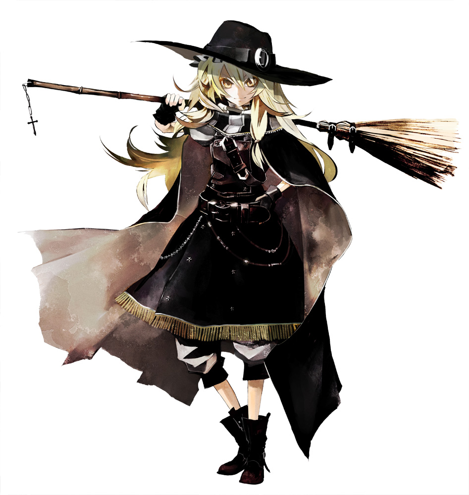 alternate_costume, banpai_akira, boots, broom, buckle, cape, fingerless_gloves, full_body