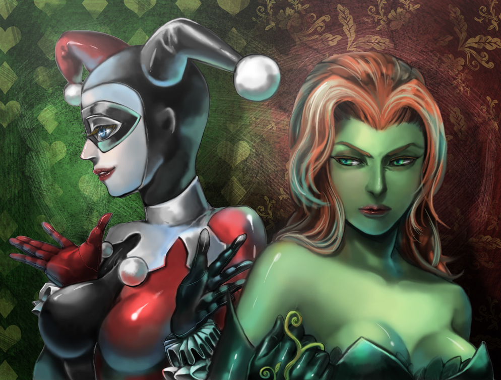 2girls, awa_suna, batman_(series), black_gloves, blue_eyes, bodysuit, breasts, cleavage, dc_comics, domino_mask, elbow_gloves, face_paint, facepaint, female, gloves, green_eyes, green_gloves, green_skin, harlequin, harley_quinn, hat, impossible_clothes, jester, jester_cap, leotard, lipstick, long_hair, mask, multiple_girls, orange_hair, poison_ivy, red_gloves, redhead, skin_tight