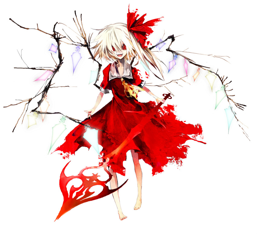 alternate_costume, ascot, banpai_akira, barefoot, blonde_hair, crazy_eyes, crazy_smile, dress