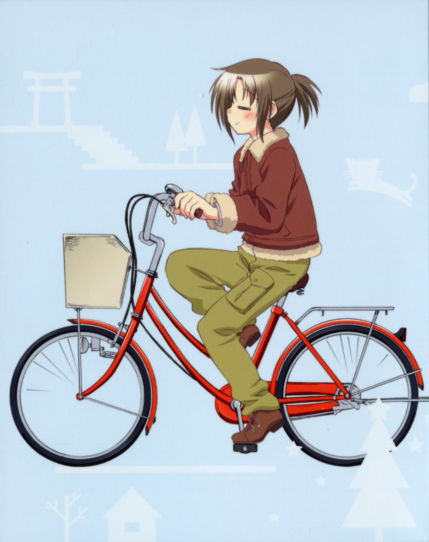 absurdres, bicycle, blue_background, blush, casual, closed_eyes, eyes_closed, hidamari_sketch