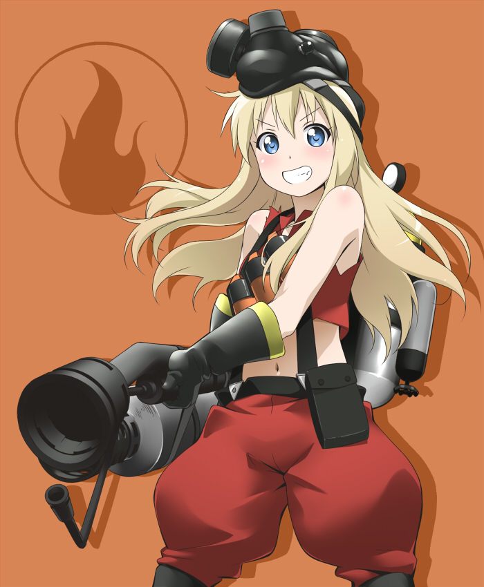 bare_shoulders, blonde_hair, blue_eyes, blush, cosplay, flamethrower, gas_mask, gas_tank