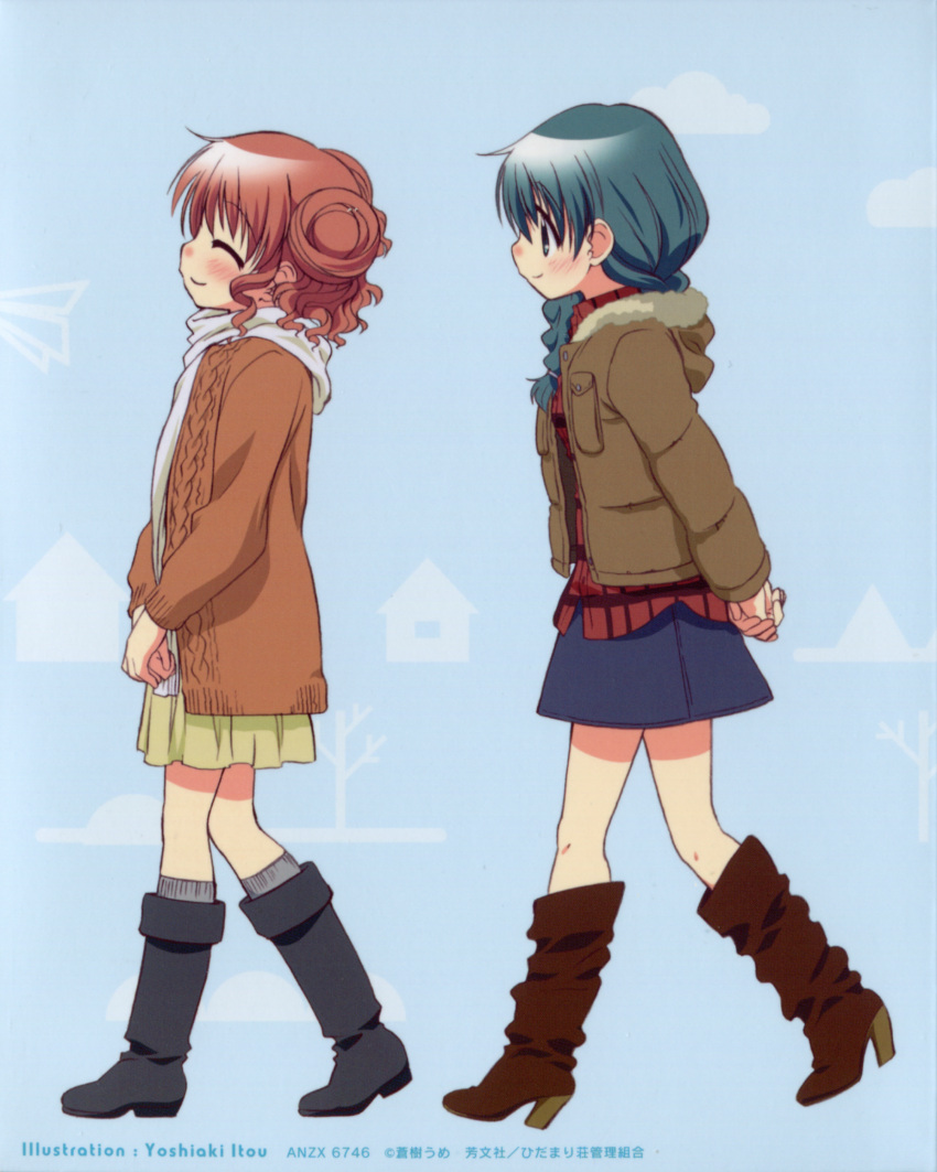 ^_^, absurdres, blue_background, blush, boots, braid, closed_eyes, coat