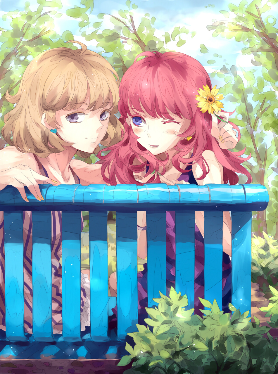 ahoge, bare_shoulders, bench, blue_eyes, blush, brown_hair, copyright_request, earrings