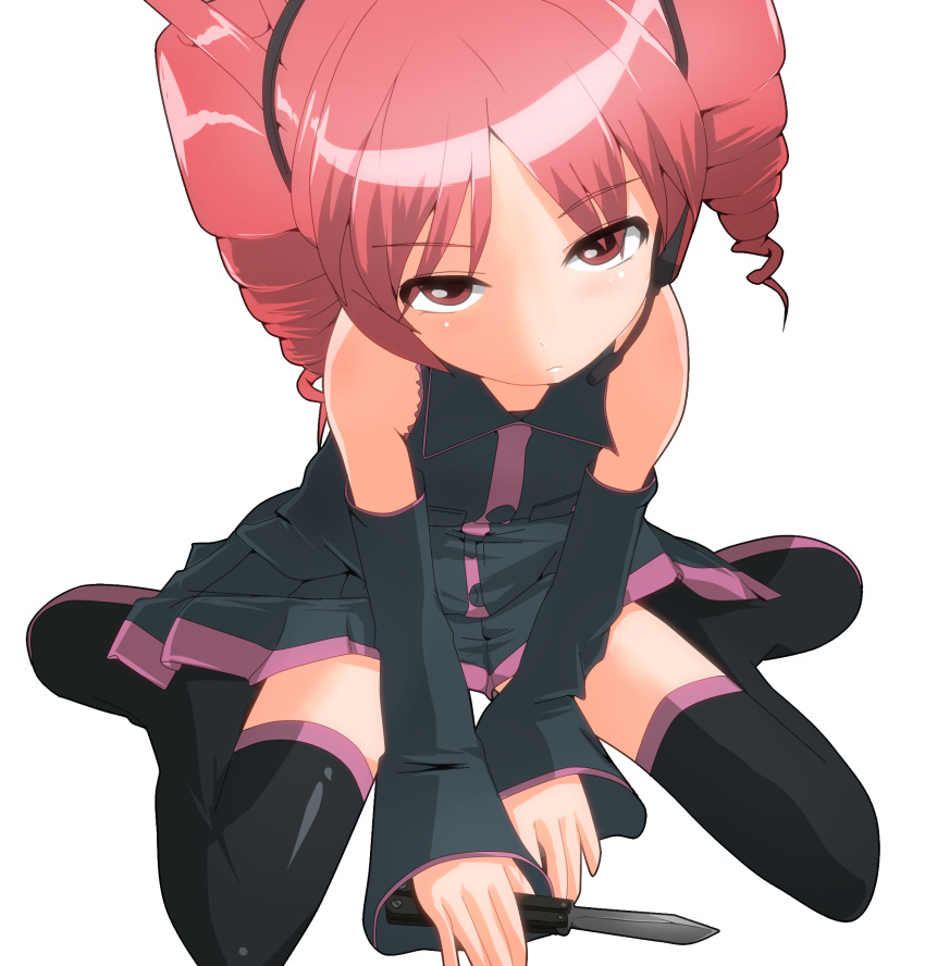 balisong, detached_sleeves, drill_hair, drills, frown, hangaku, headset, highres, kasane_teto, knife, pink_eyes, pink_hair, sitting, solo, thighhighs, transparent_background, twin_drills, twintails, utau, weapon