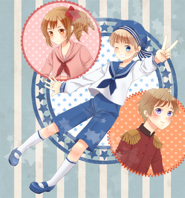 2boys, axis_powers_hetalia, blonde_hair, blue_eyes, brown_eyes, brown_hair, drill_hair, epauletes
