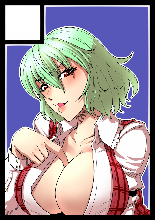 breasts, bust, circle_cut, eyelashes, geneil, green_hair, kanna_koharu, kazami_yuuka, large_breasts, lips, looking_at_viewer, no_bra, parted_lips, pointing, red_eyes, short_hair, solo, touhou