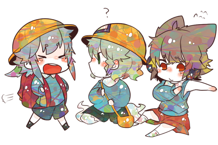 >_<, alternate_costume, backpack, bag, blush, brown_hair, child, earmuffs
