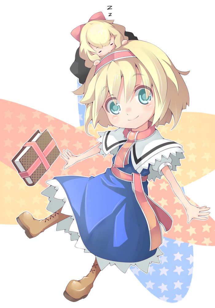 alice_margatroid, aqua_eyes, bad_id, blonde_hair, book, boots, capelet, hairband