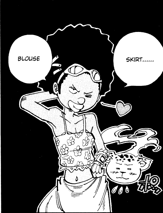 afro, armpits, camisole, chocolove_mcdonell, crossdressing, dark_skin, hard_translated, lips, male, mic_jaguar, midriff, monochrome, navel, shaman_king, skirt, sunglasses, sunglasses_on_head, translated, wink