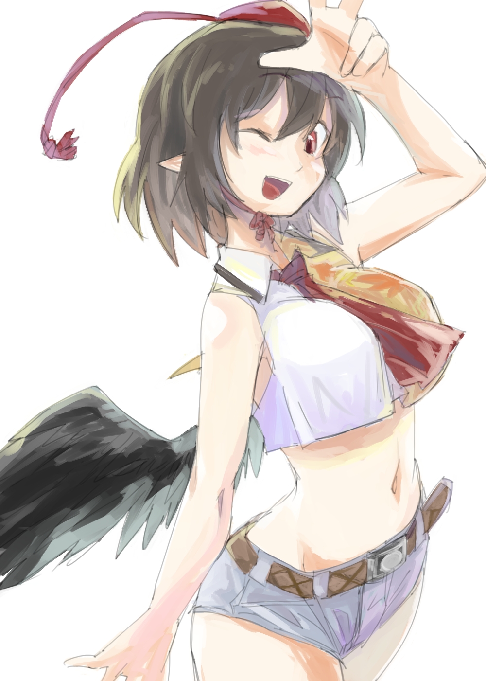 ;d, ascot, bare_shoulders, belt, black_hair, casual, chin_strap, crop_top