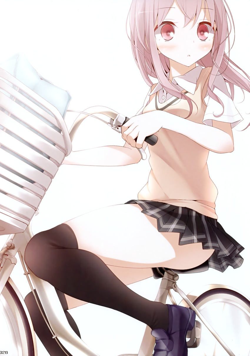 absurdres, bicycle, bicycle_riding, black_legwear, blush, highres, holding, kneehighs