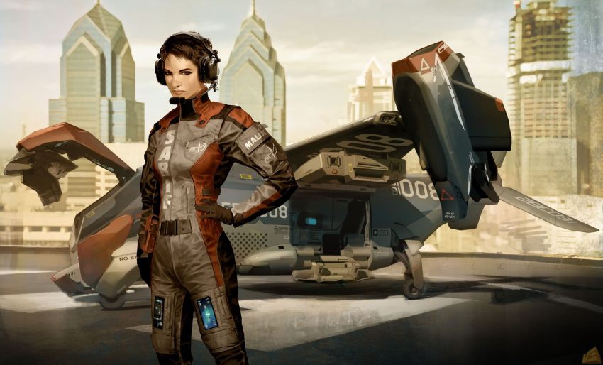 black_hair, brown_eyes, brown_hair, building, city, cyberpunk, deus_ex, deus_ex:_human_revolution, faridah_malik, gloves, headgear, headset, highres, jumpsuit, lips, mole, pilot_suit, production_art, realistic, science_fiction, vehicle