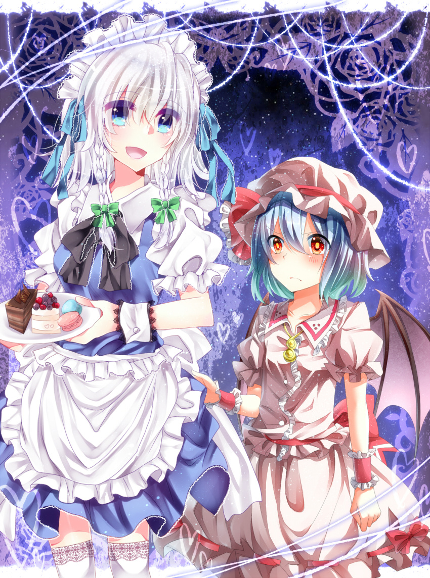 bat_wings, blue_eyes, blue_hair, blush, braid, cake, food, fuuna_(conclusion)
